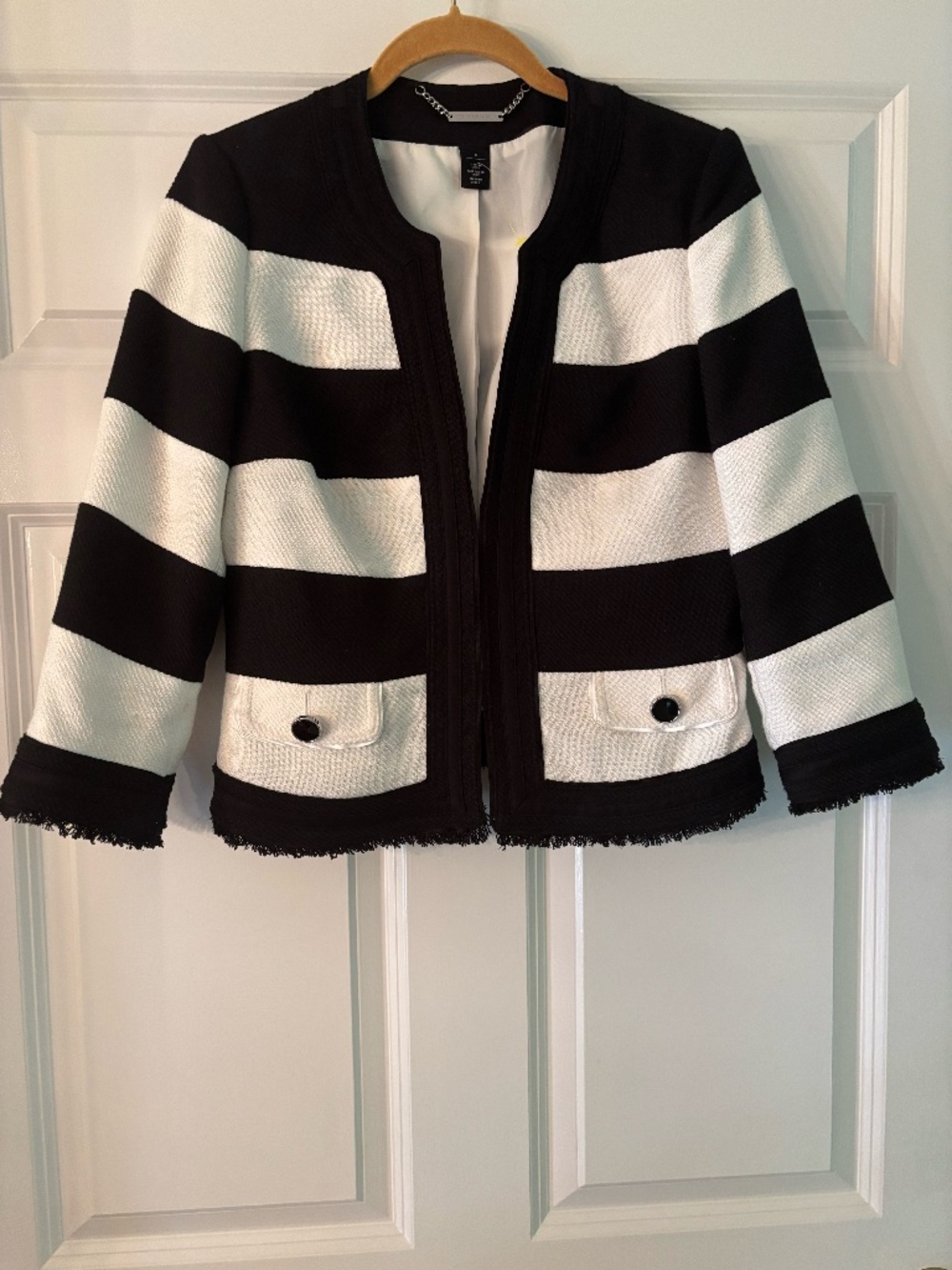 White House Black Market Black White Striped Open Front Blazer Jacket Size 8 - Picture 2 of 14